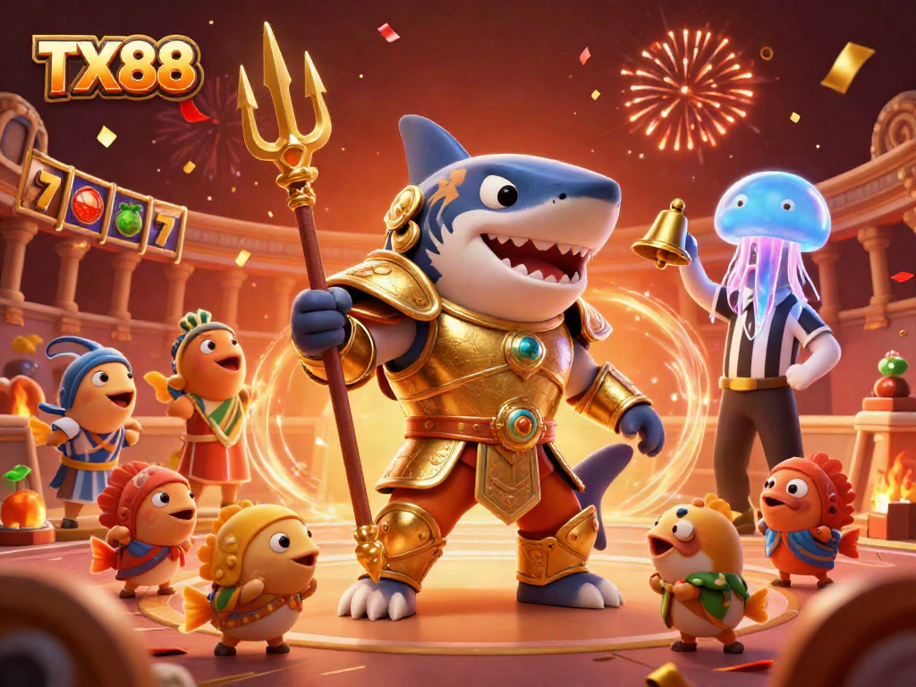 Engage in thrilling underwater casino action with TX88, showcasing a tiger shark in gladiator armor and game elements.