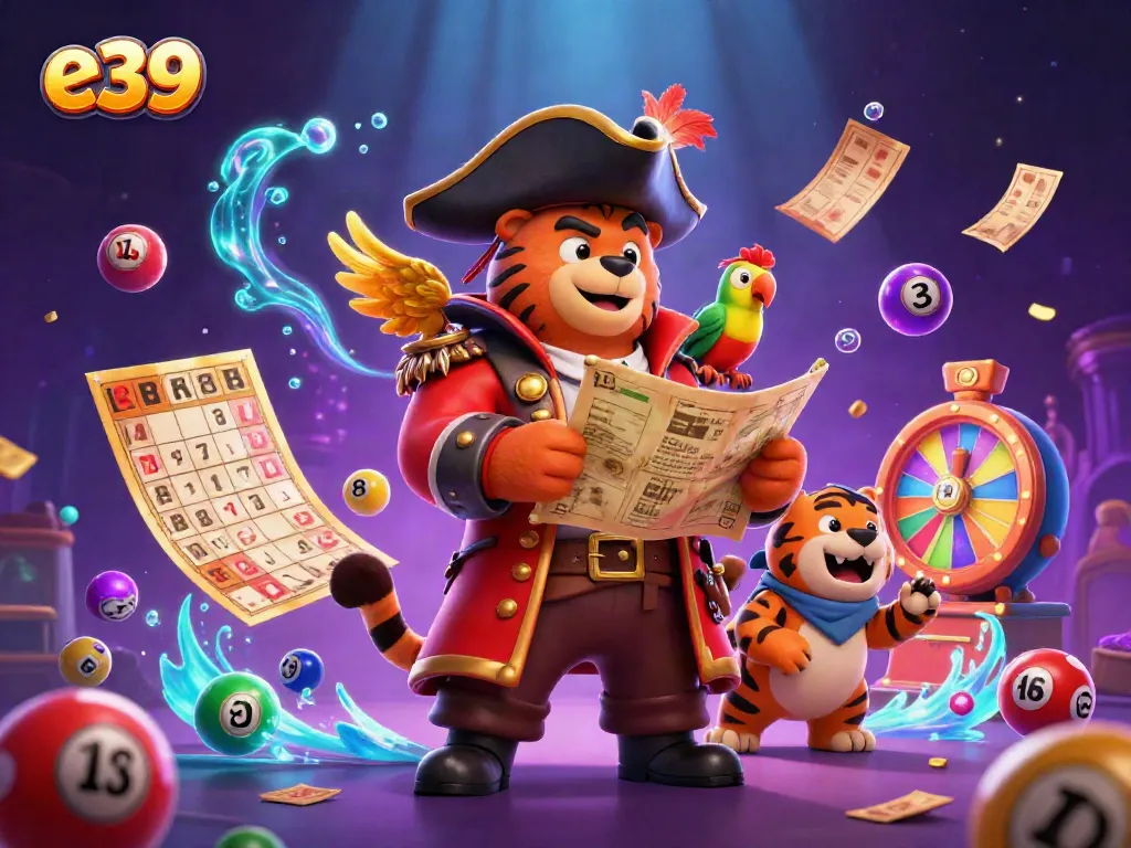 Experience thrilling e39 gaming with a vibrant, dynamic illustration featuring a pirate bear, tiger, and parrot.