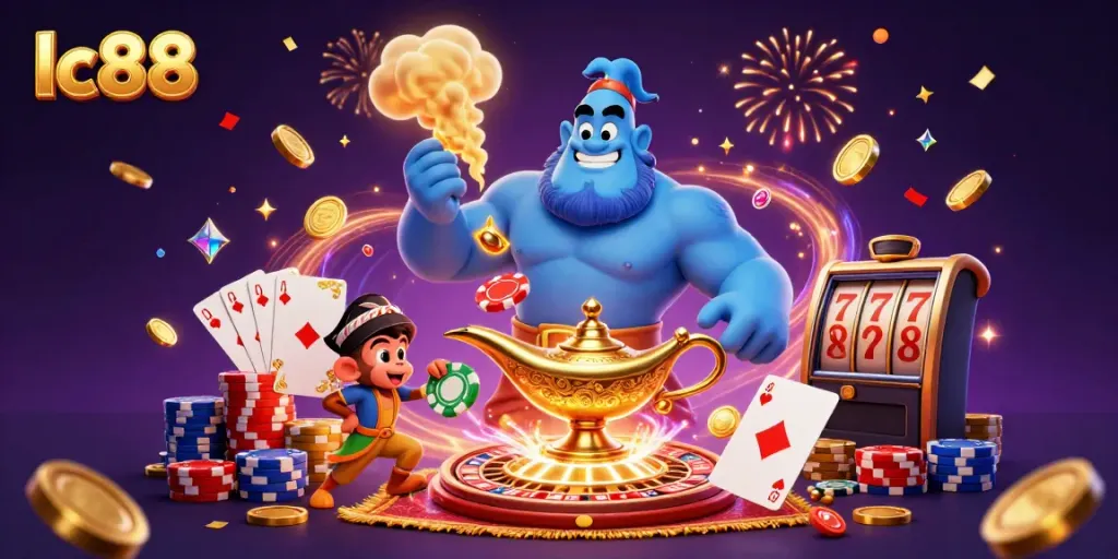 Experience the excitement of lc88 with a colorful 3D casino scene showcasing vibrant characters and casino elements.