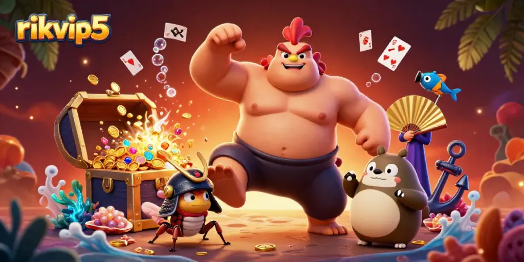 Experience thrilling winnings with rikvip5 in this engaging treasure-laden 3D scene.