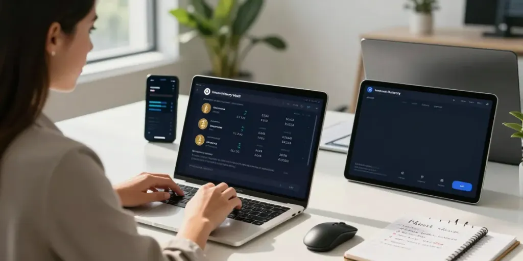 Engaging scene of a young professional using the Internet Money wallet interface in a modern office setting, showcasing digital asset management.