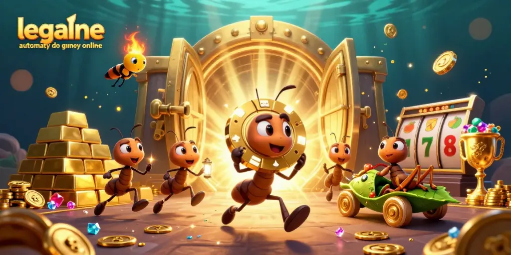 Engage with the adventure of legalne automaty do gier online, featuring 3D ants on a heist with gold and slot elements.