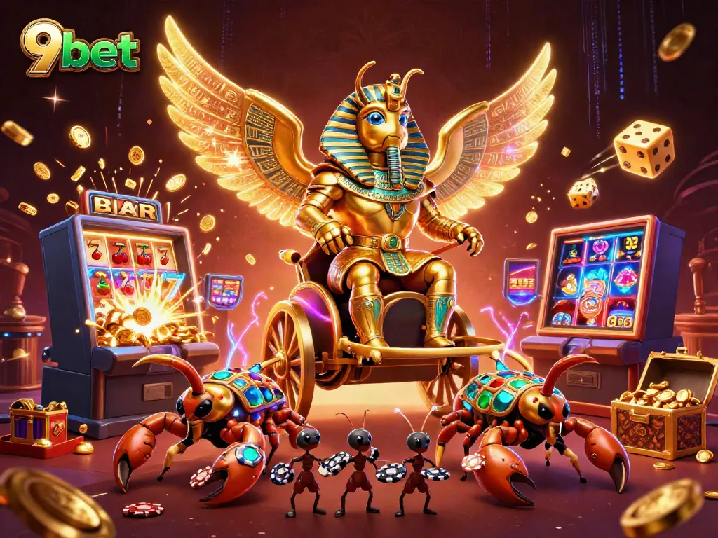 9bet showcases a dynamic casino atmosphere with golden beetles and vibrant slot machines.