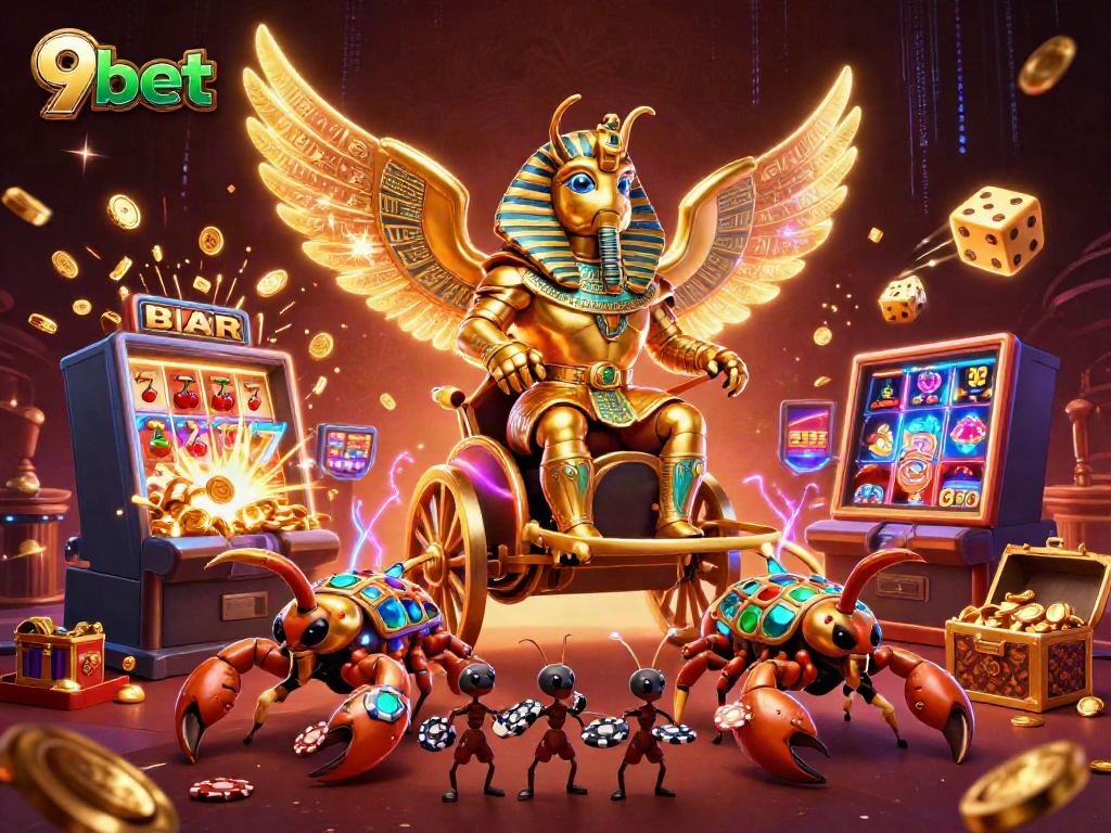 9bet showcases a dynamic casino atmosphere with golden beetles and vibrant slot machines.