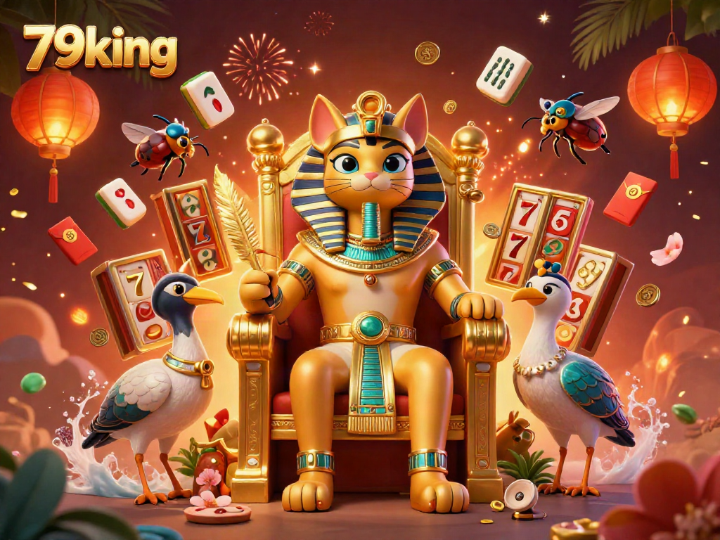 Experience thrilling gameplay at 79king with a vibrant illustration of a cat pharaoh and slot elements.