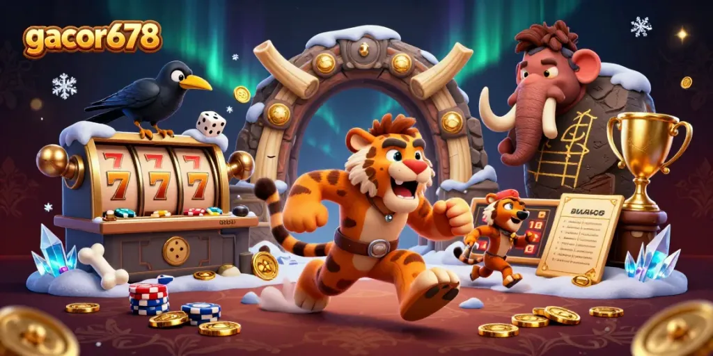 Engage with gacor678, a vibrant prehistoric casino scene featuring dynamic characters and lively game elements.