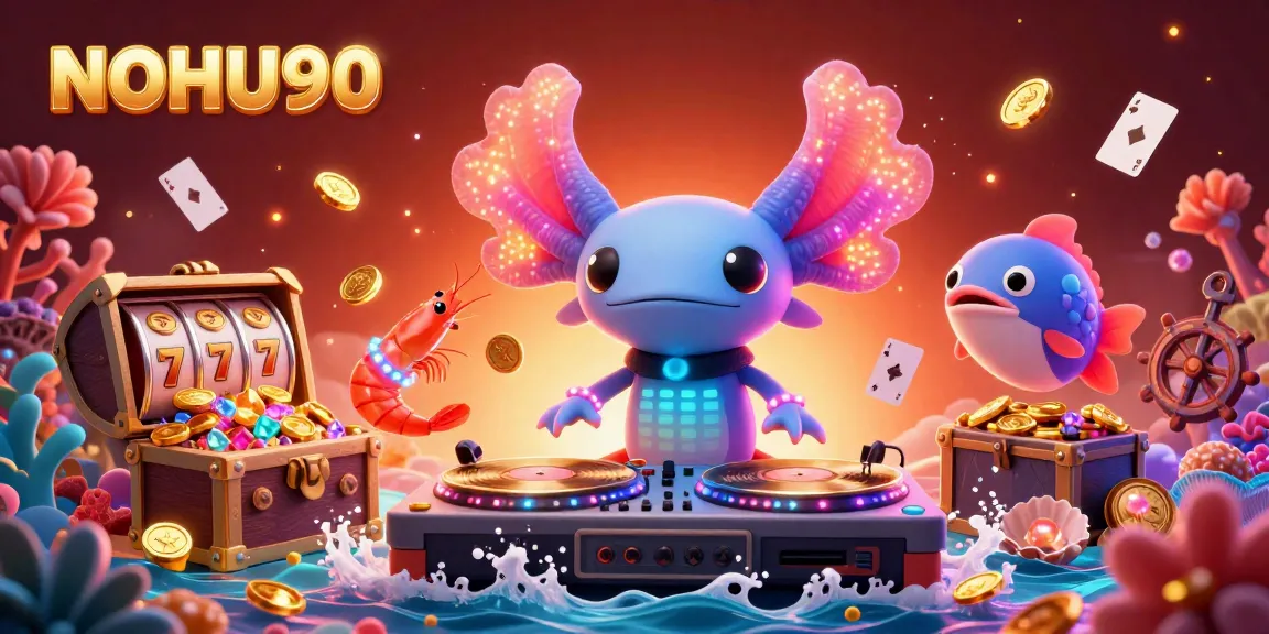 Engage with the dynamic gaming world of NOHU90 through a vibrant underwater party scene featuring energetic characters and casino elements.
