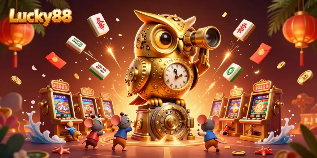 Experience the vibrant atmosphere of Lucky88 with a 3D golden owl perched on a vault door amidst a bustling casino scene.