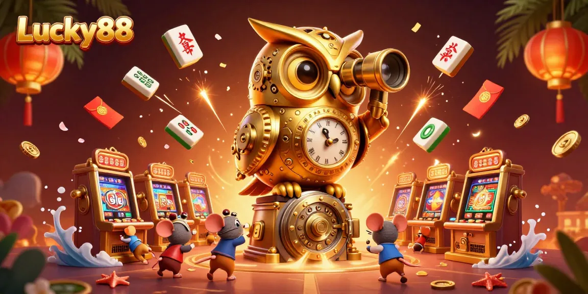 Experience the vibrant atmosphere of Lucky88 with a 3D golden owl perched on a vault door amidst a bustling casino scene.