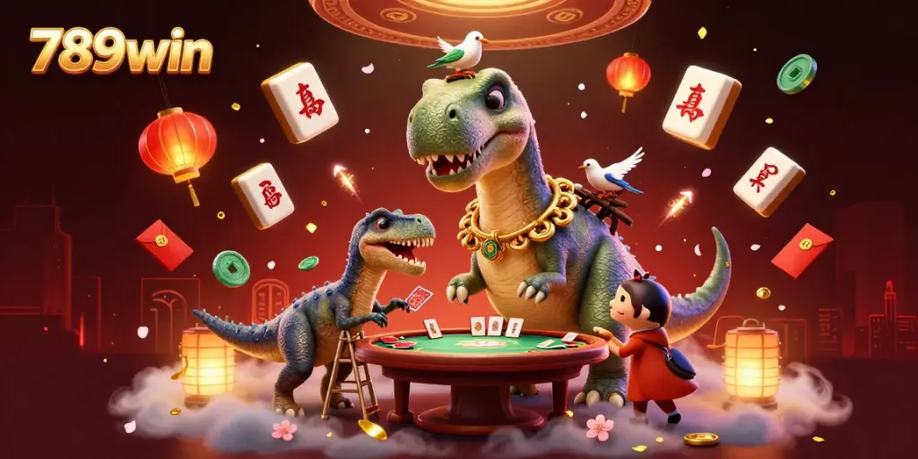 Experience immersive gameplay with 789win at a lively casino scene featuring a unique dinosaur dealer.