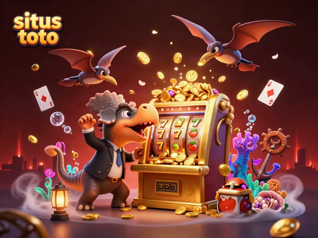 Menangkan jackpot dengan situs toto pada mesin slot emas di tengah karakter kartun dinosaur yang menghibur.