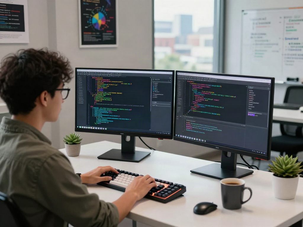 Pecah 404 error resolution in a modern software development workspace highlighting coding activities, dual monitors, and a coffee setup.