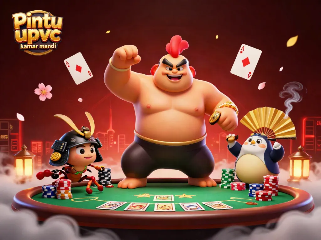 Pintu upvc kamar mandi showcased in vibrant casino scene with colorful poker chips and characters.