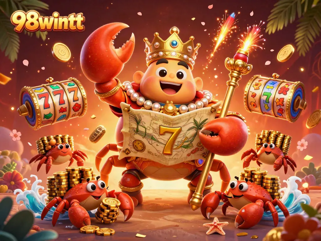 Experience the thrill of gaming at 98wintt with this vibrant casino illustration featuring slot reels and a golden crab emperor.