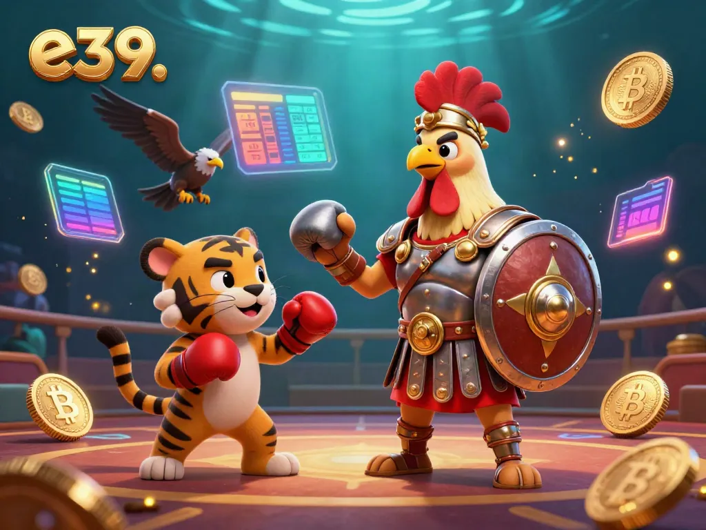 Engage in thrilling action with e39's gladiator rooster, tiger cub, and eagle in a vibrant casino scene.