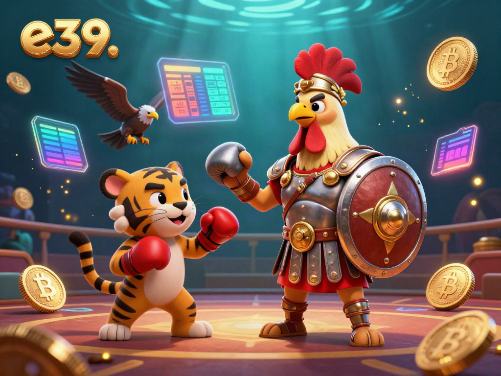 Engage in thrilling action with e39's gladiator rooster, tiger cub, and eagle in a vibrant casino scene.