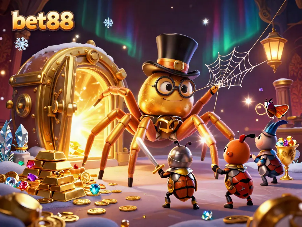 Experience the thrill of bet88 with a vibrant 3D casino scene featuring a golden tarantula, brave beetle knight, and gems.