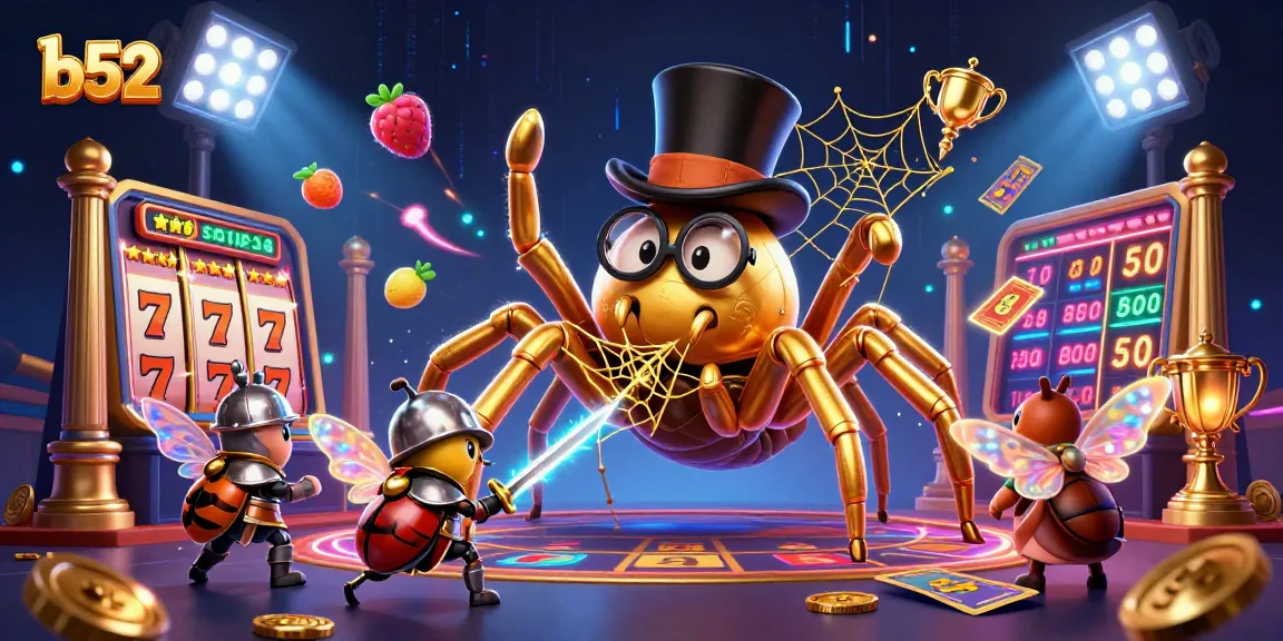 Engage with thrilling b52 casino action as golden characters and slot reels create a vibrant atmosphere.