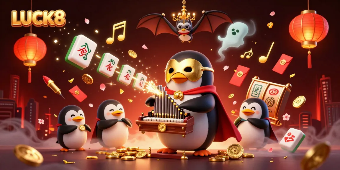 LUCK8 illustration showcasing a cartoon penguin at a golden organ, surrounded by casino elements and dynamic decorations.
