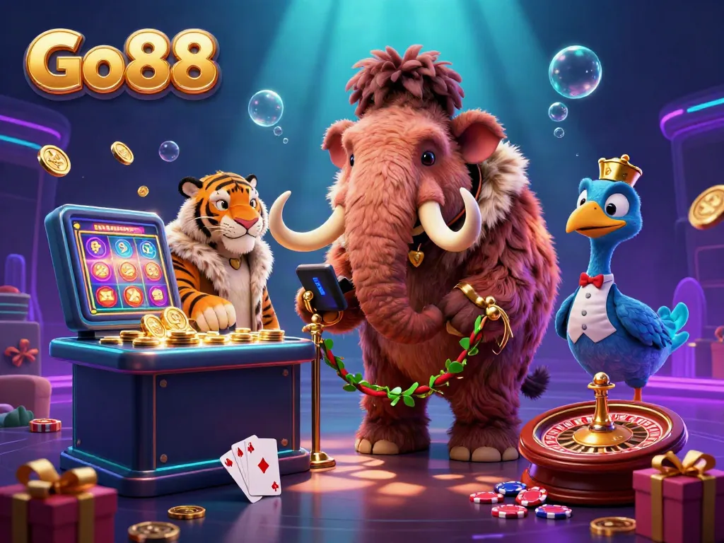 Experience the vibrant world of Go88 with a whimsical casino scene featuring a mammoth bouncer and exciting game visuals.