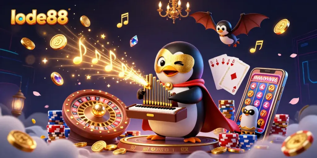Experience thrilling gameplay at lode88 with vibrant casino elements including golden coins and a roulette wheel.