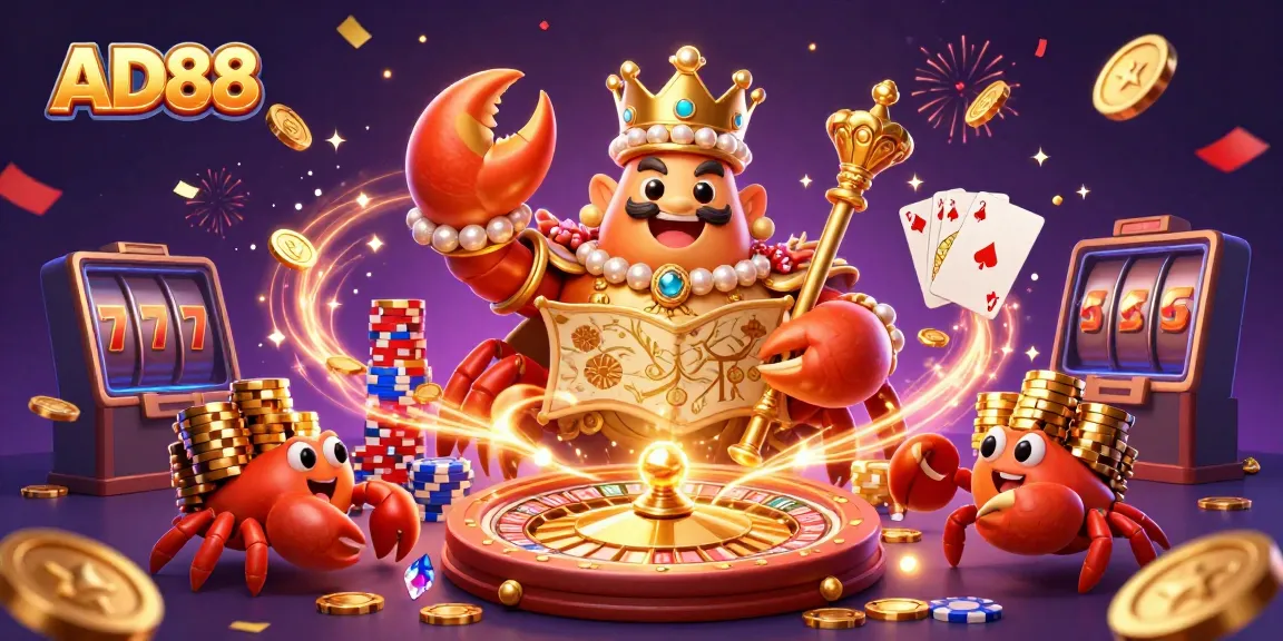 Play exciting games at AD88 with a lively crab emperor amidst cascading coins and vibrant poker chips.