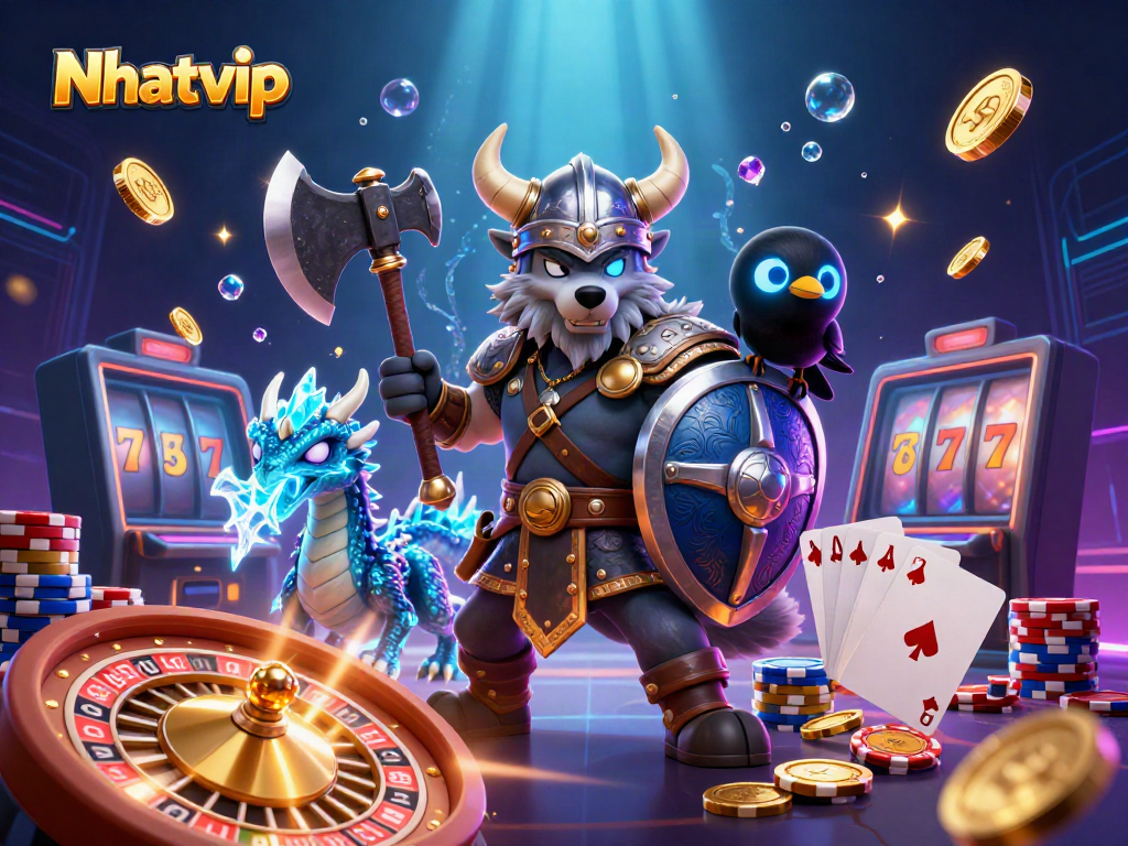 Nhatvip brings the thrill of premium gaming with a Viking warrior, dragon, and glowing casino elements.