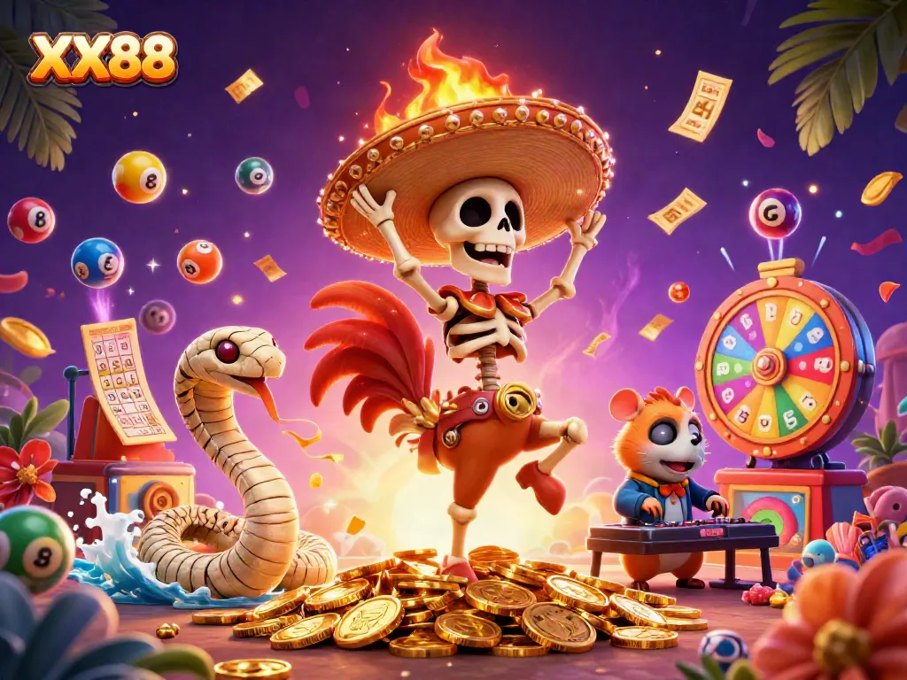 Win big at XX88 with a vibrant casino celebration featuring 3D characters and dynamic game elements.