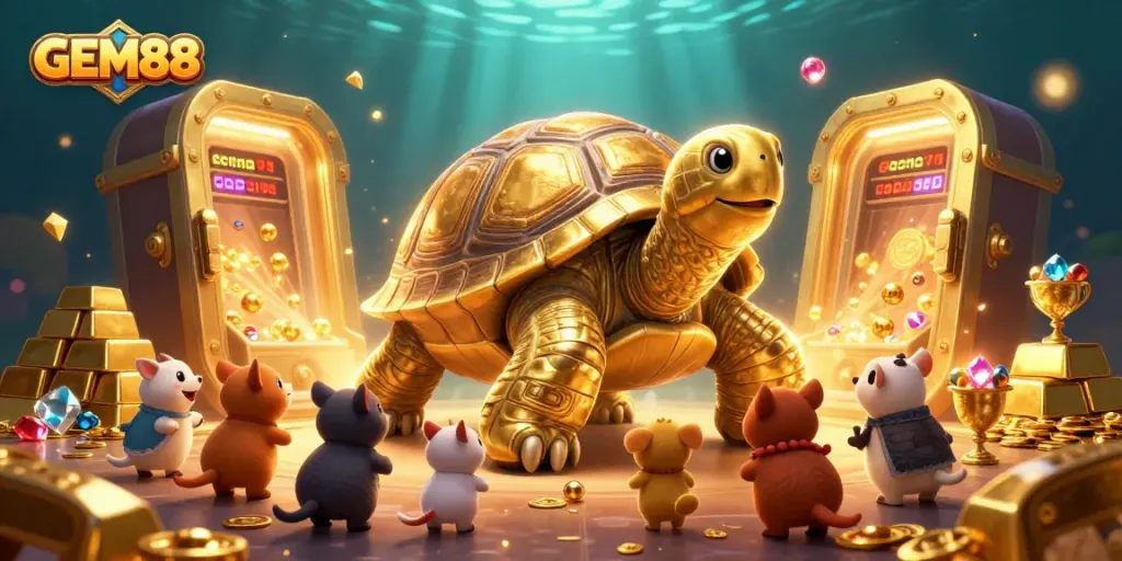 Engage in GEM88's vibrant gaming experience with a golden tortoise pinball and treasure elements.