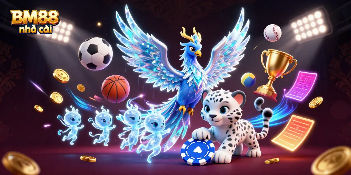 Engage with the vibrant 3D scene showcasing BM88 nhà cái featuring a playful snow leopard cub and an ice phoenix amidst dynamic sports elements.