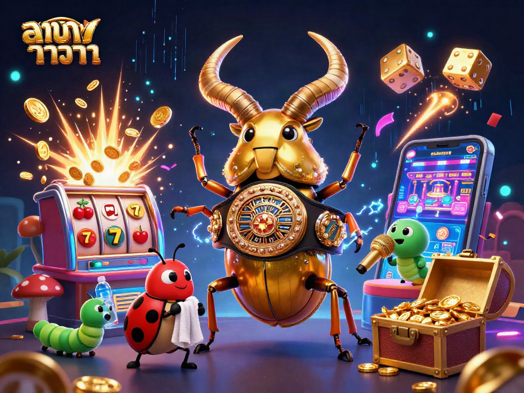 Engage in แทงบาคาร่า with a golden stag beetle and ladybug corner-man in a fantastical casino scene.
