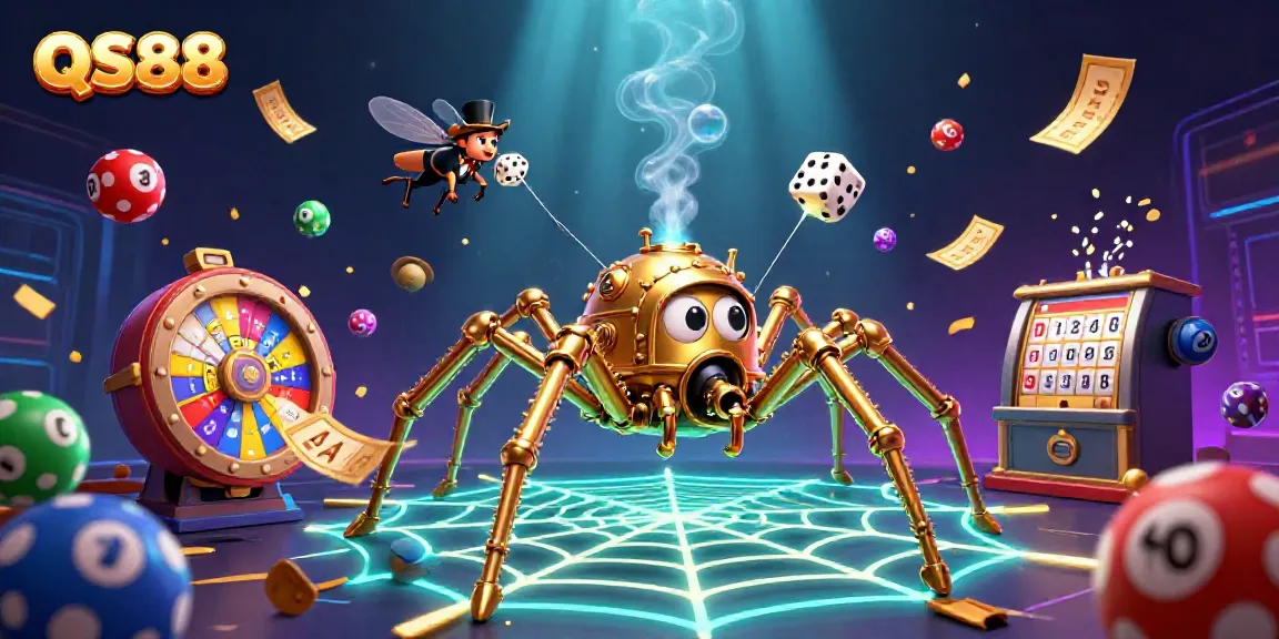 Experience the thrill at QS88 with a captivating golden spider web of chance and vibrant lottery elements.
