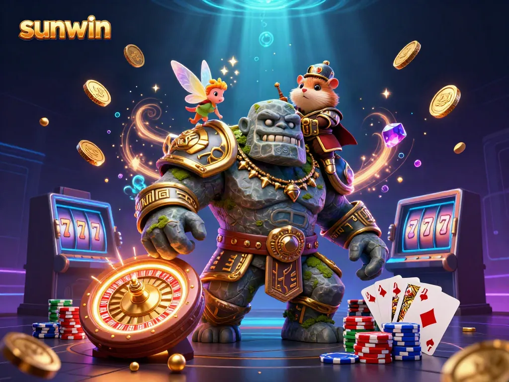 Win big with sunwin in a vibrant casino scene featuring magical characters and game elements.