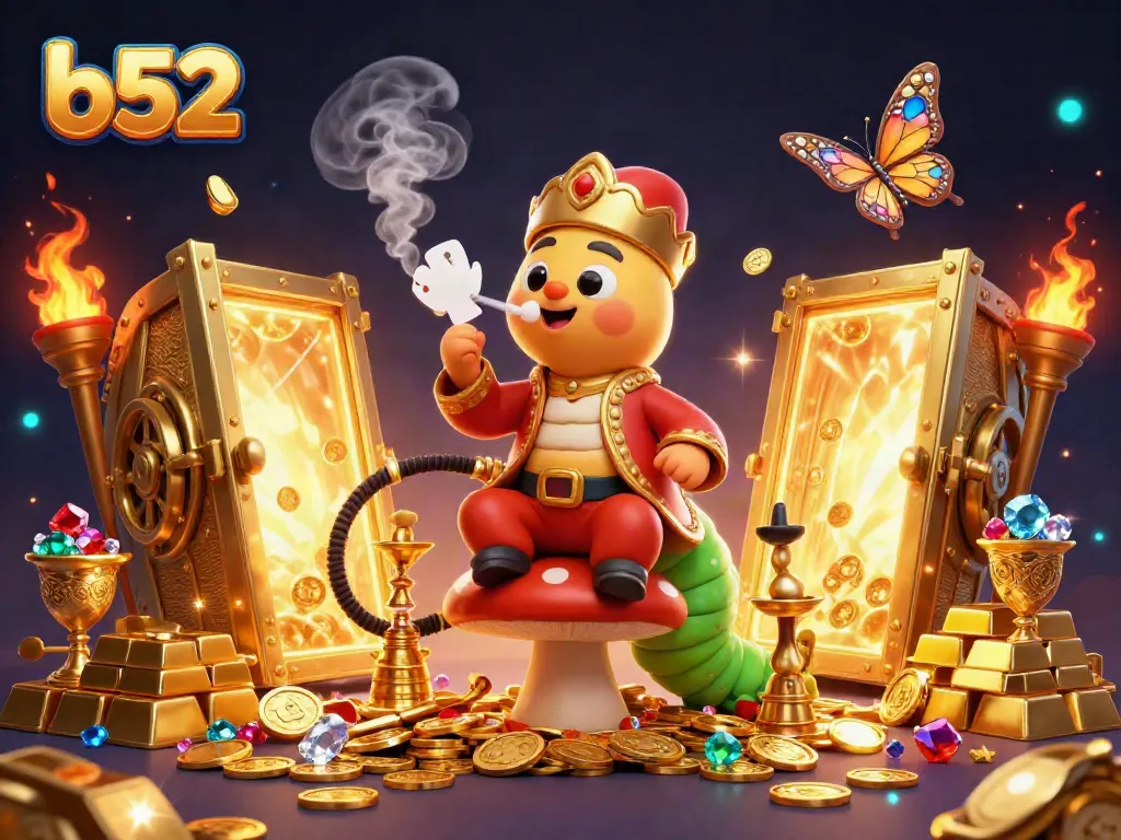 Experience b52's exciting casino world with a 3D caterpillar hookah-master amidst treasures and gaming elements.
