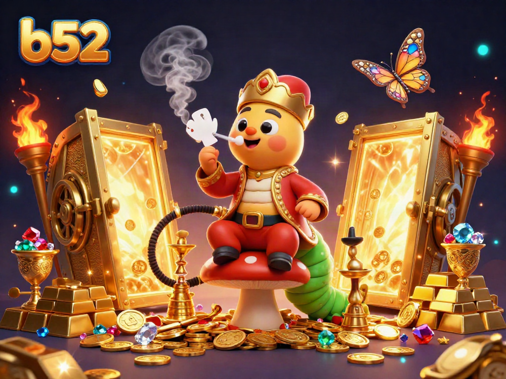 Experience b52's exciting casino world with a 3D caterpillar hookah-master amidst treasures and gaming elements.