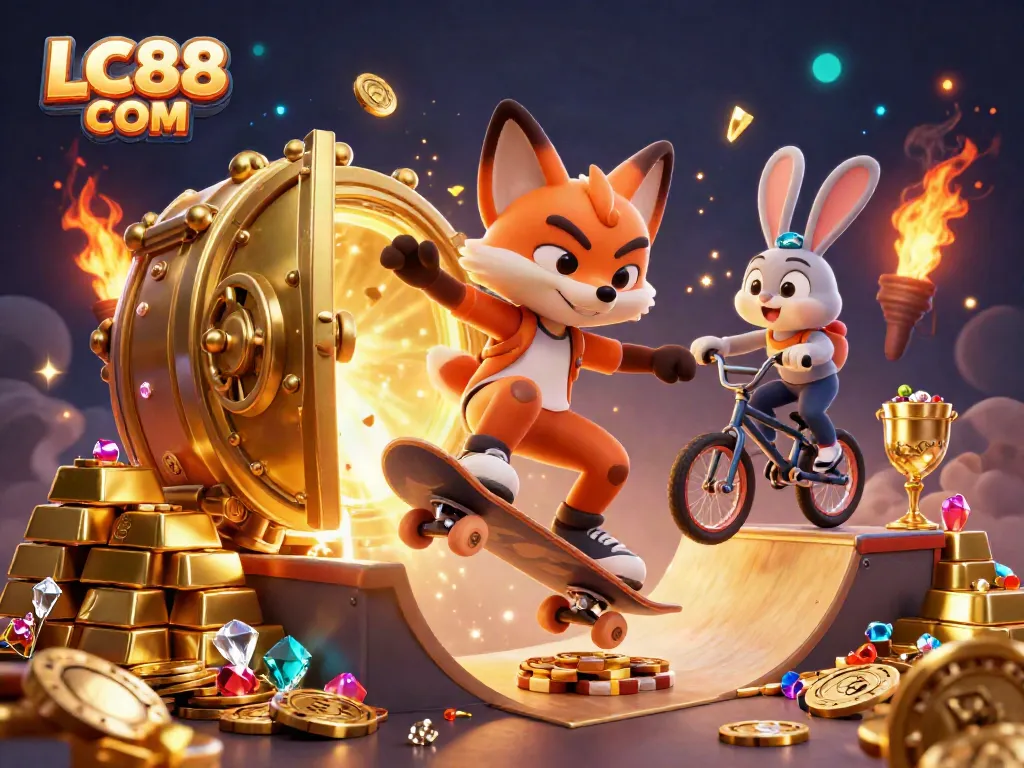Experience wins with LC88 COM as a fox performs a kickflip over golden poker chips in a vibrant casino scene.