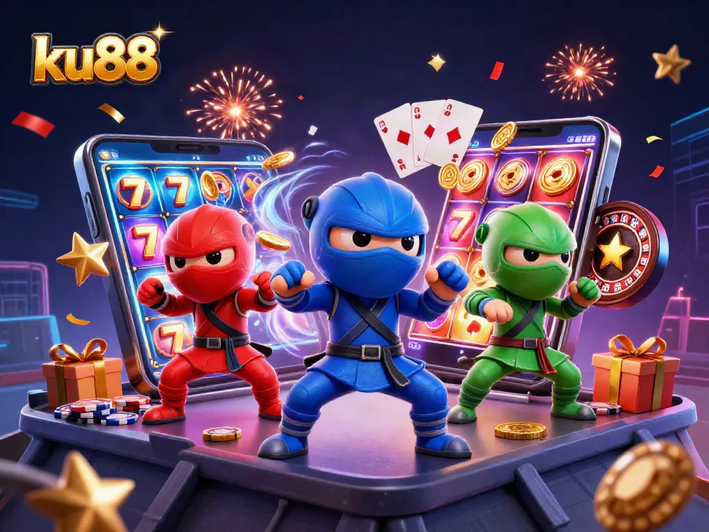 ku88 ninjas celebrate online casino wins with slot games, confetti, and tokens for players.