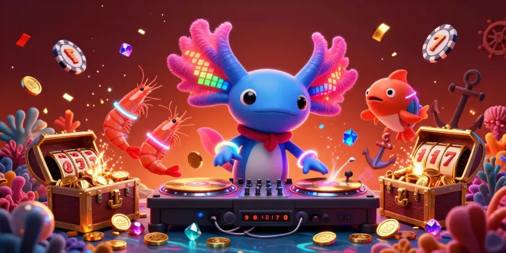 Experience EX88 with an immersive underwater casino scene featuring vibrant axolotls, shrimp, and dynamic gaming elements.