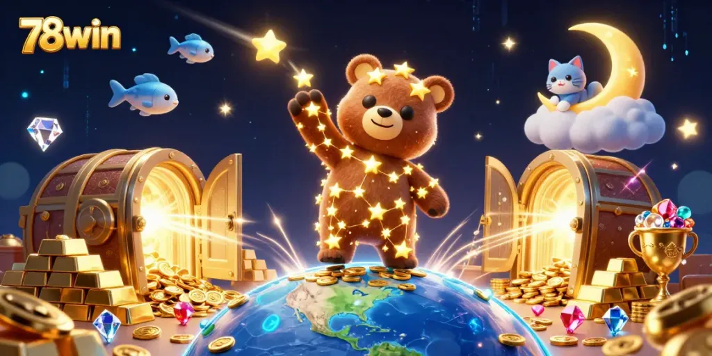 Join the excitement at 78win with treasure-filled 3D casino adventures featuring cartoon characters.