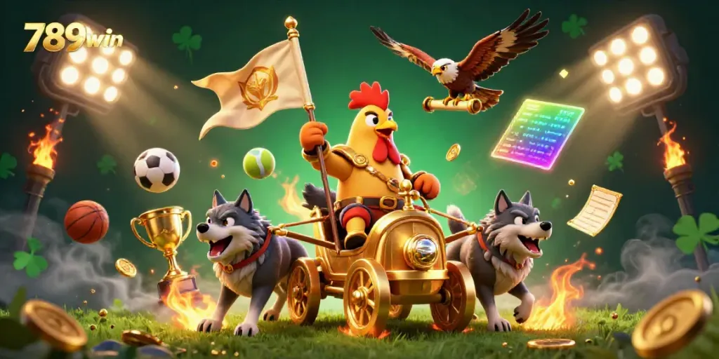 Engage in thrilling sports betting action with 789win's vibrant casino illustration, featuring dynamic elements.