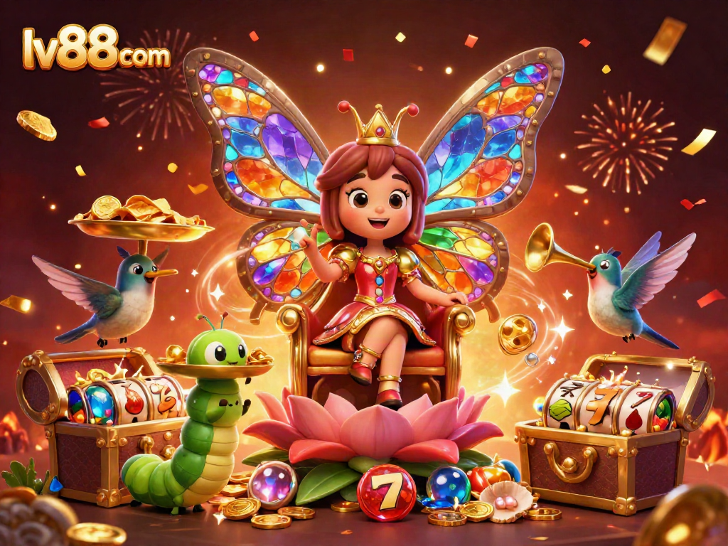 Experience the vibrant world of lv88 com with a colorful butterfly queen and many gameplay elements.