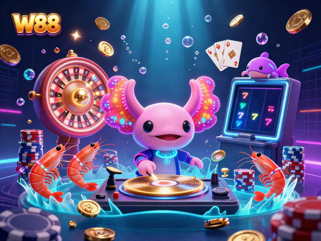 Experience the thrill of W88 with vibrant casino elements, featuring an axolotl DJ and glowing creatures.