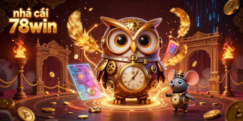 Experience the dynamic gaming world of nhà cái 78win with a steampunk owl, futuristic elements, and casino themes.