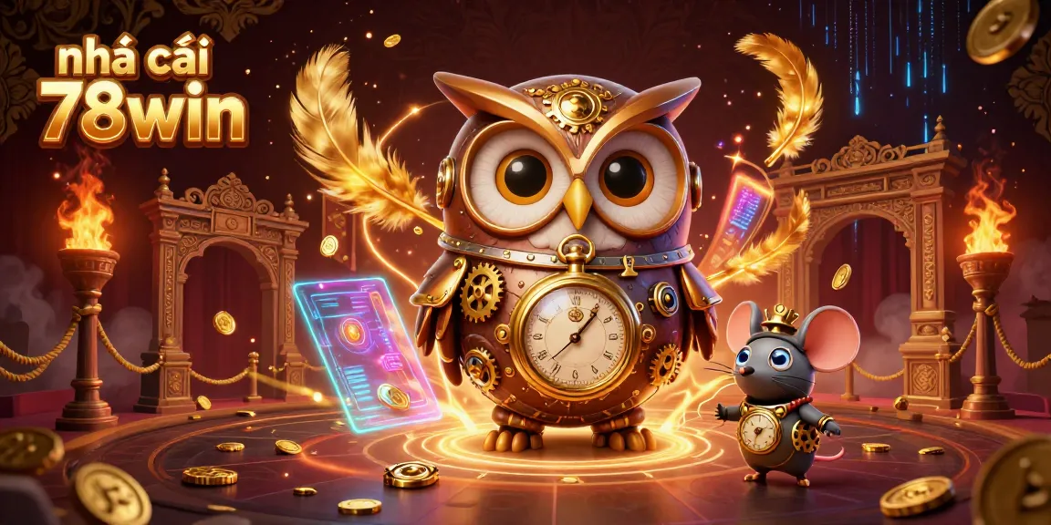 Experience the dynamic gaming world of nhà cái 78win with a steampunk owl, futuristic elements, and casino themes.