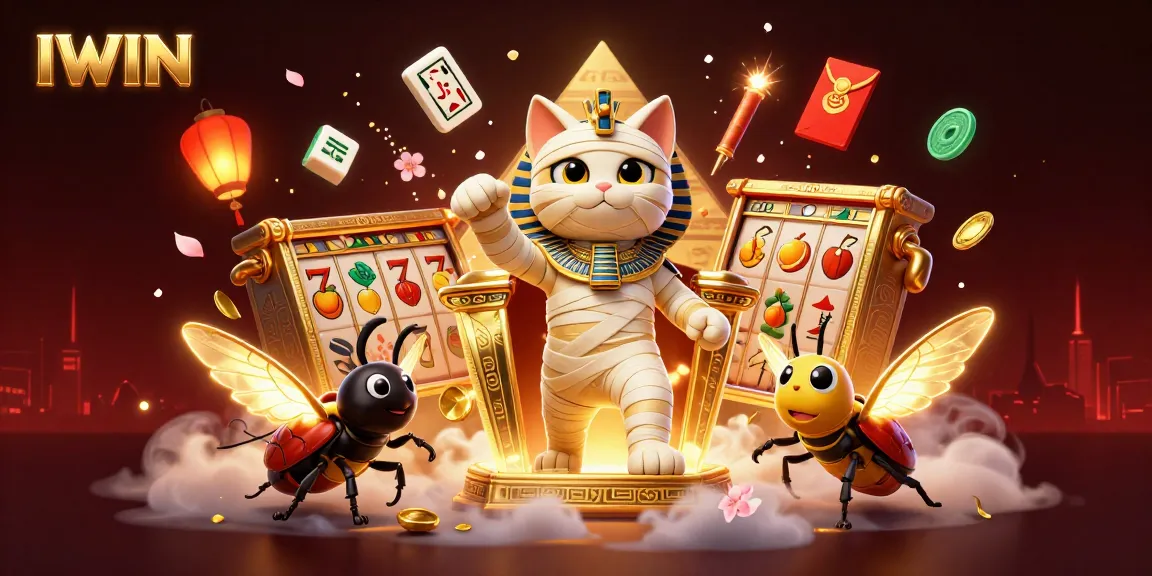 IWIN brings excitement with a 3D mummy cat bursting from a golden sarcophagus in a lively casino setting.