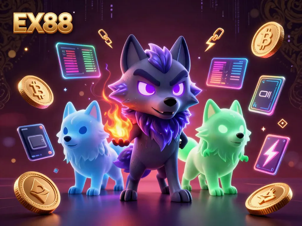 Engage with EX88 in a vibrant 3D casino scene showcasing ghostly wolves and crypto elements.