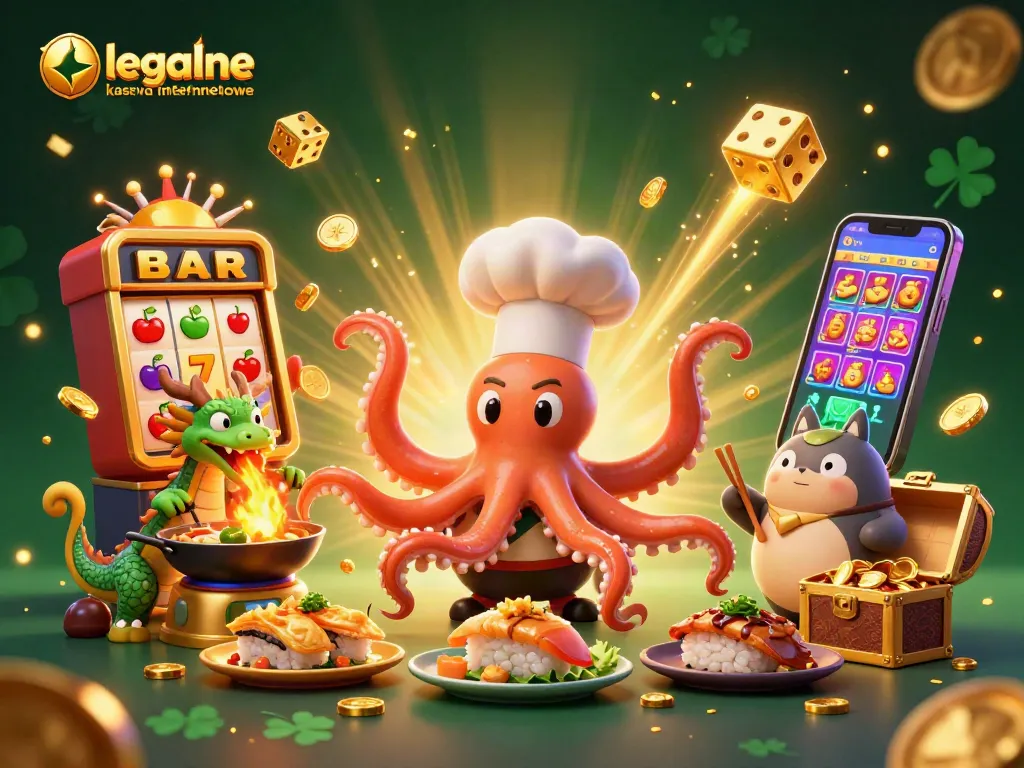 Experience legalne kasyna internetowe with an octopus chef and dragon in vibrant casino chaos.