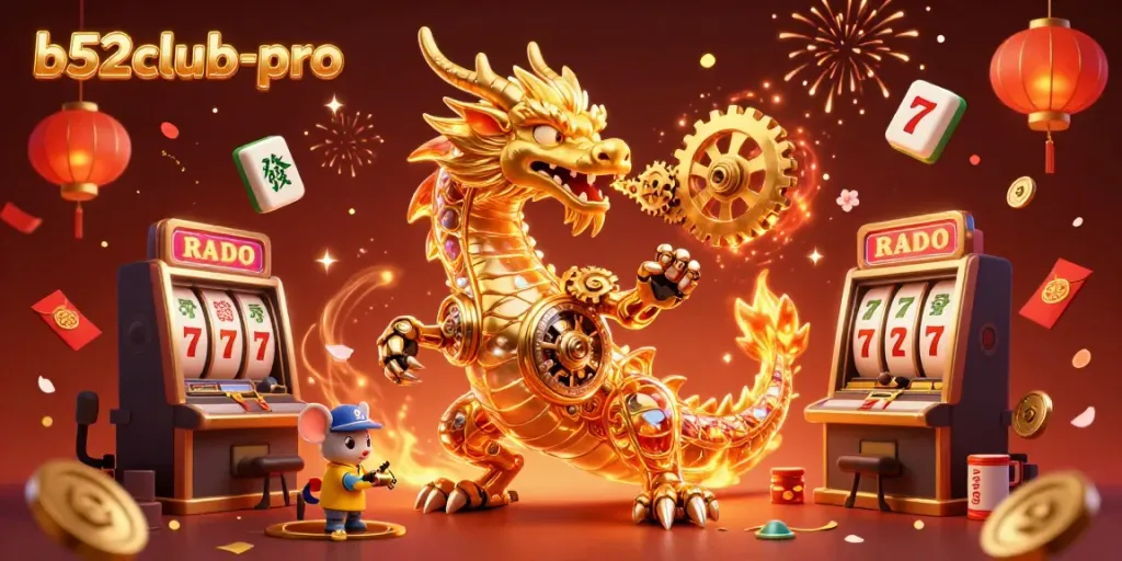 Play and win with b52club-pro featuring a golden dragon and slot machines in a vibrant casino setting.