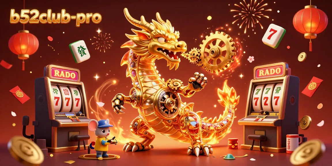 Play and win with b52club-pro featuring a golden dragon and slot machines in a vibrant casino setting.