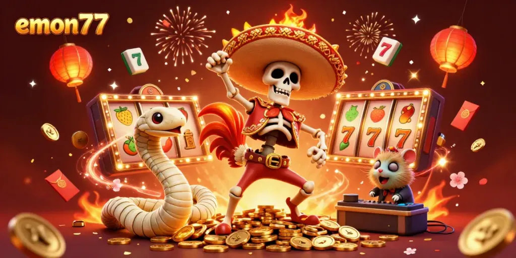 Experience the excitement of emon77 with a vibrant casino scene featuring lively characters and slot games.